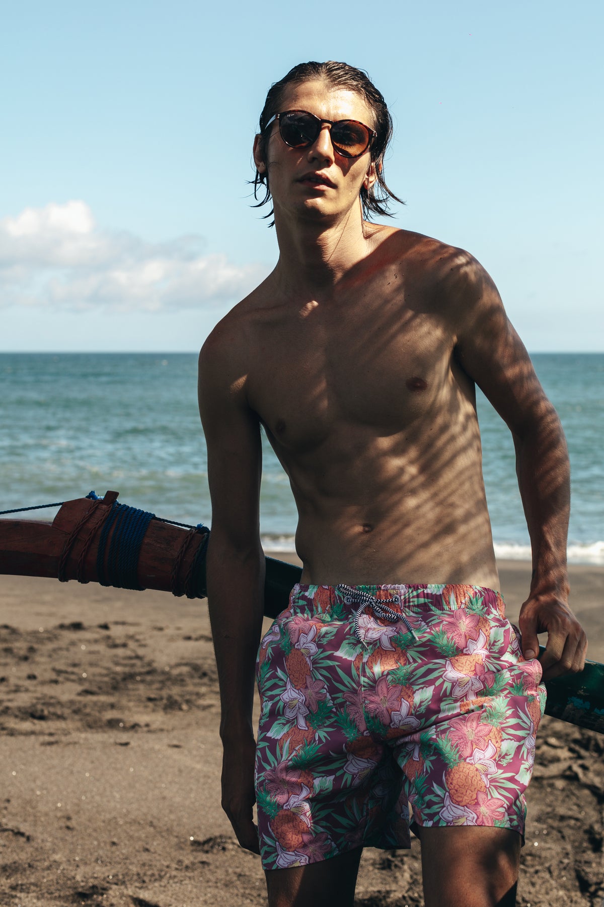 Boardies Aloha Mid Length Swim Shorts Front Beach Shot