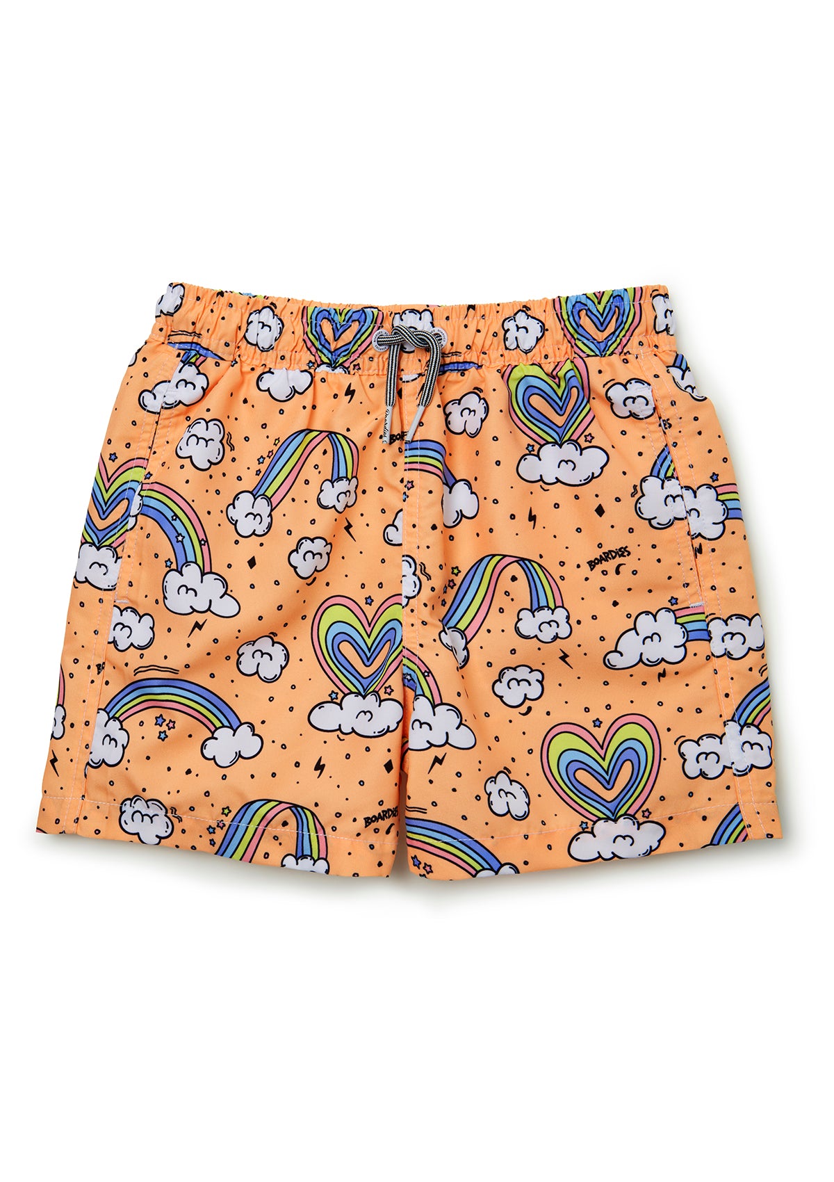 Boardies® Kids Rainbows and Unicorns Swim Shorts Flat Lay Front