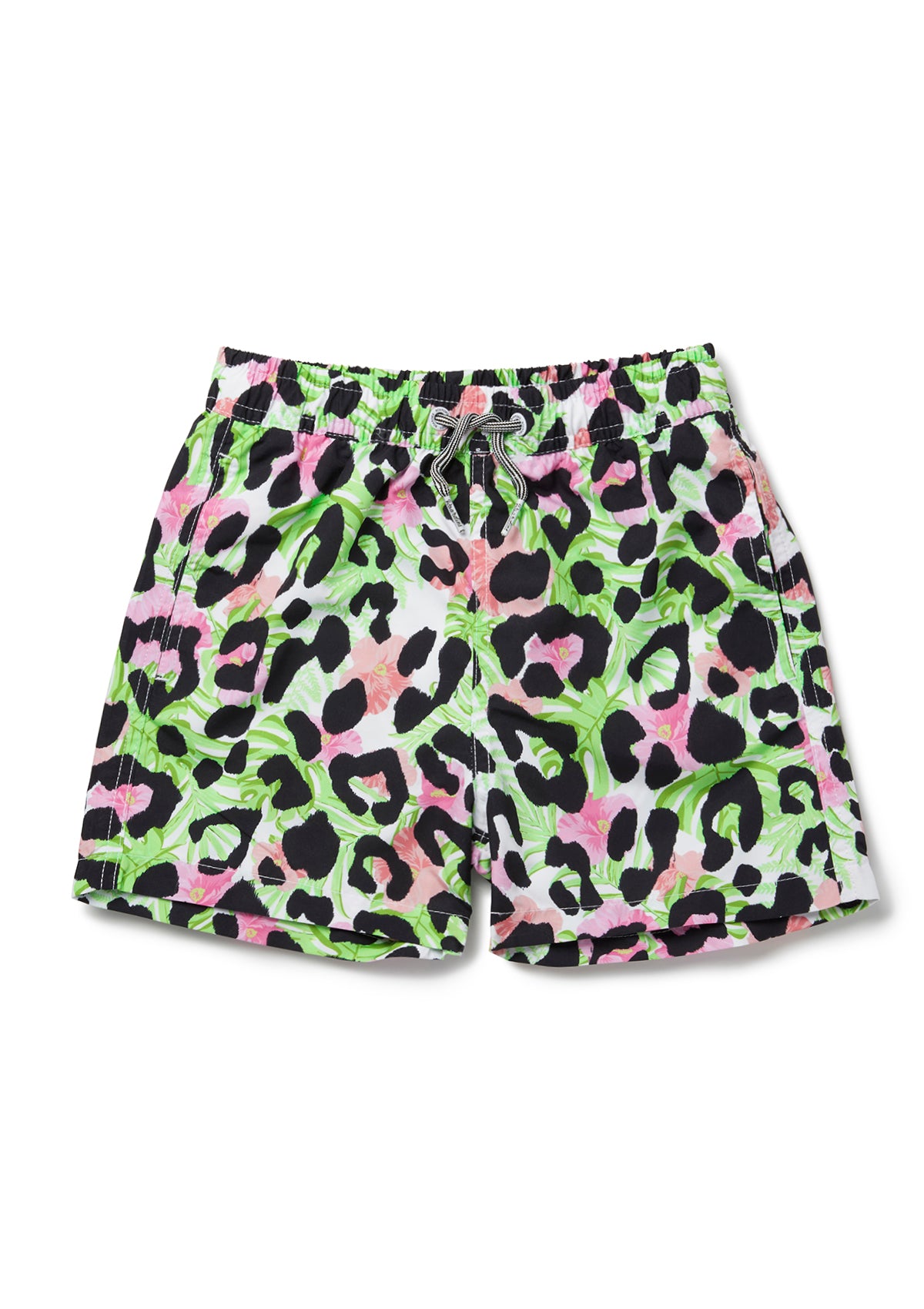 Boardies® Kids Tropical Cheetah Bright Swim Shorts Flat Lay Front