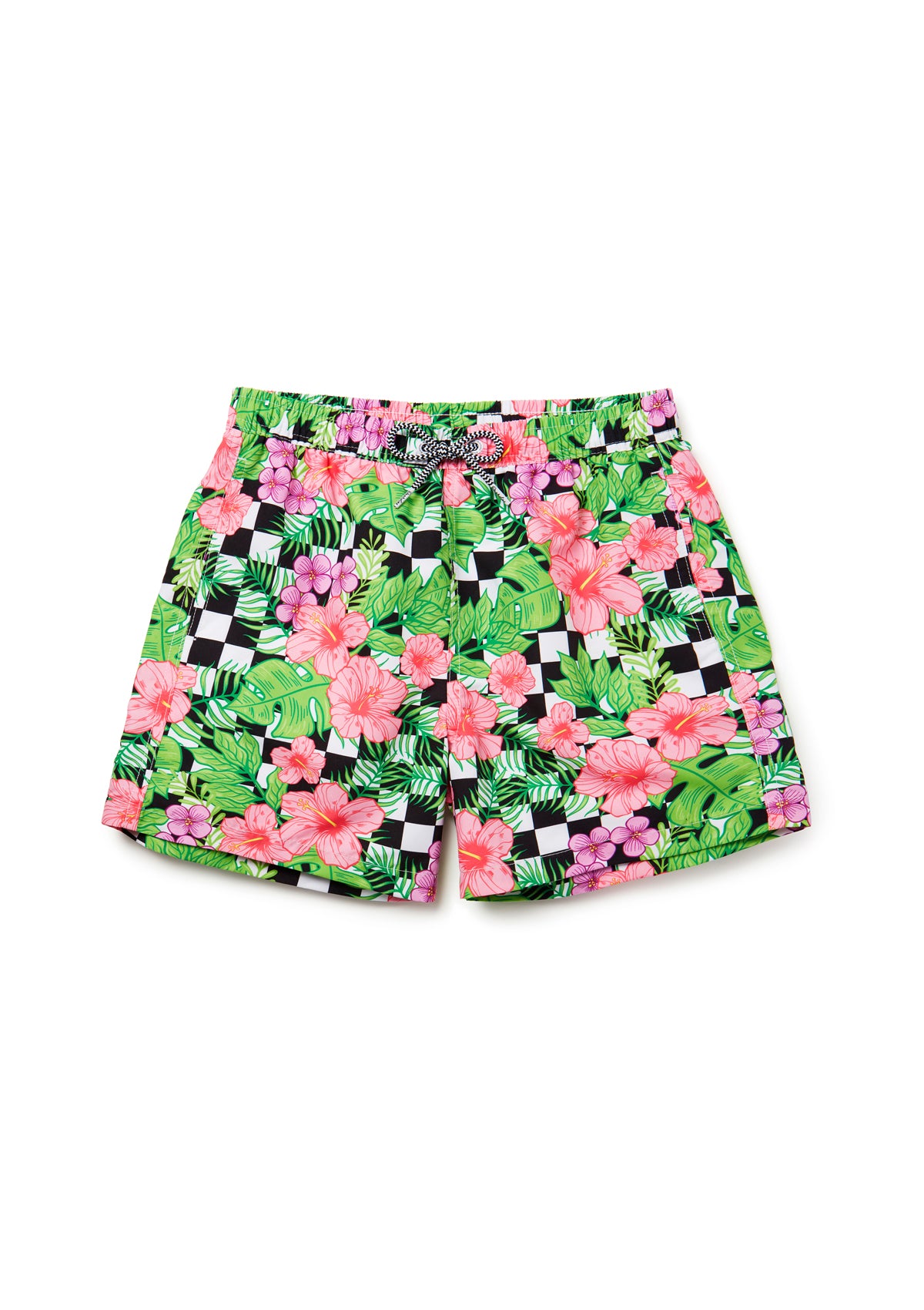 Boardies® Kids Checker Flower Shorts Flat Lay Front